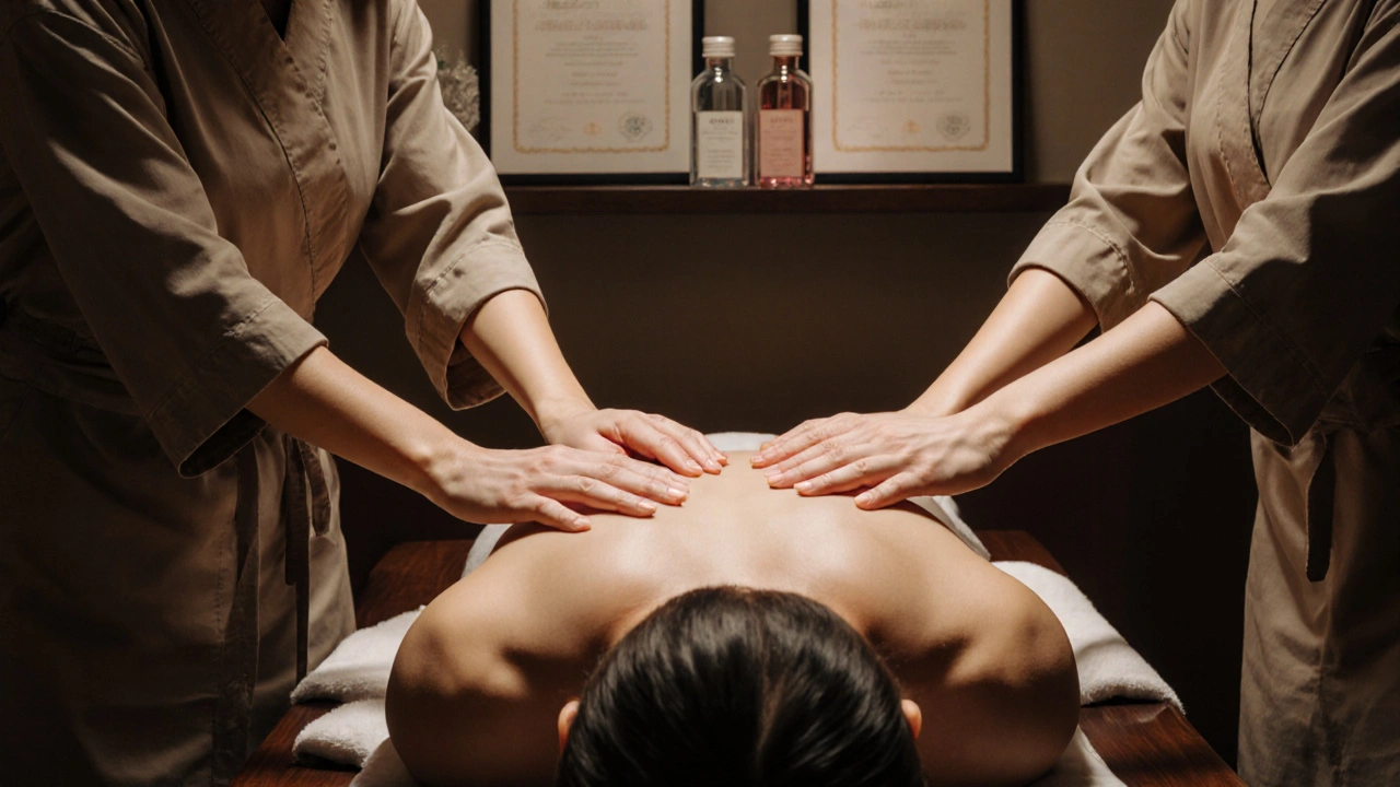 Dvě certifikované masérky provádějí čtyřruční tantra masáž, obklopené vonnými oleji a certifikáty.