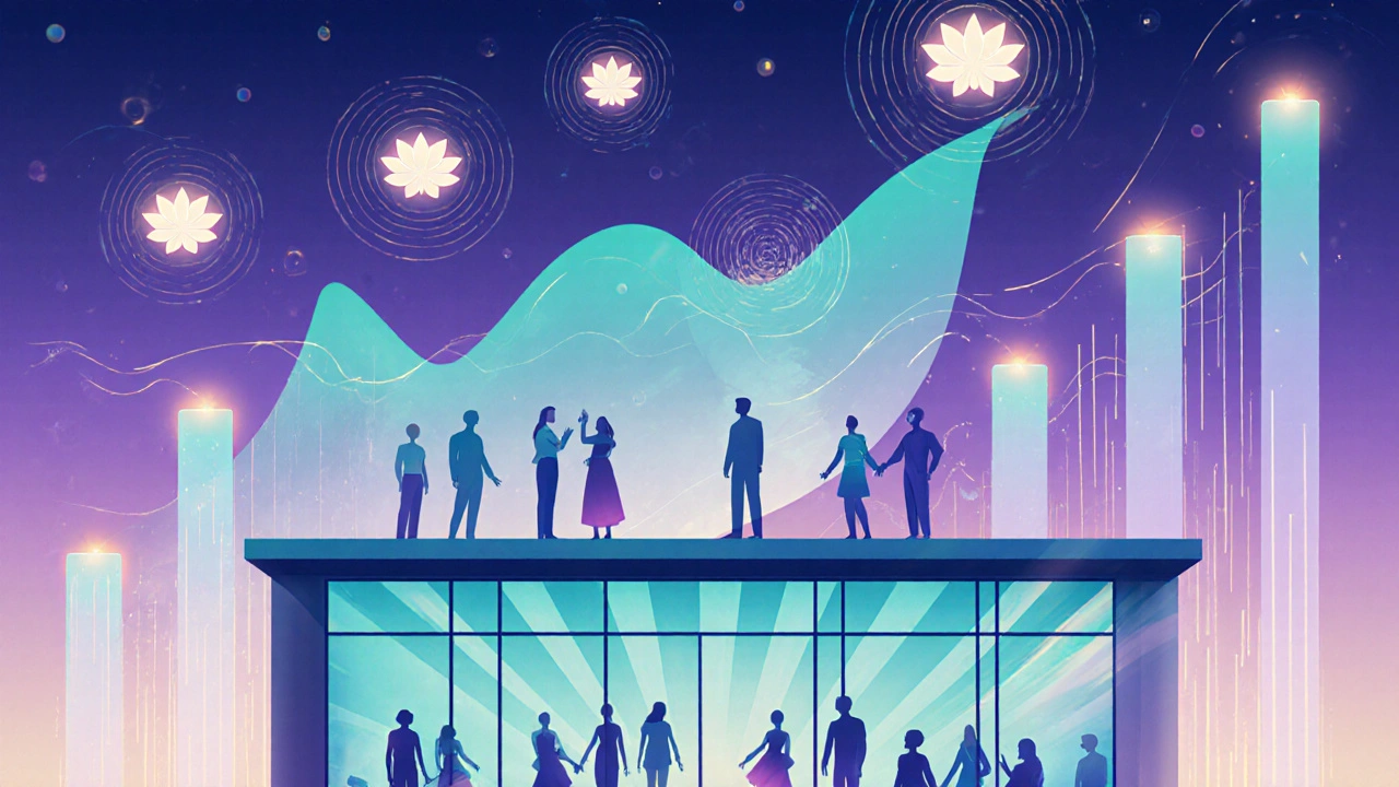 Futuristické spa s rostoucími siluetami klientů a energetickým světlem naznačuje růst trhu do roku 2026.