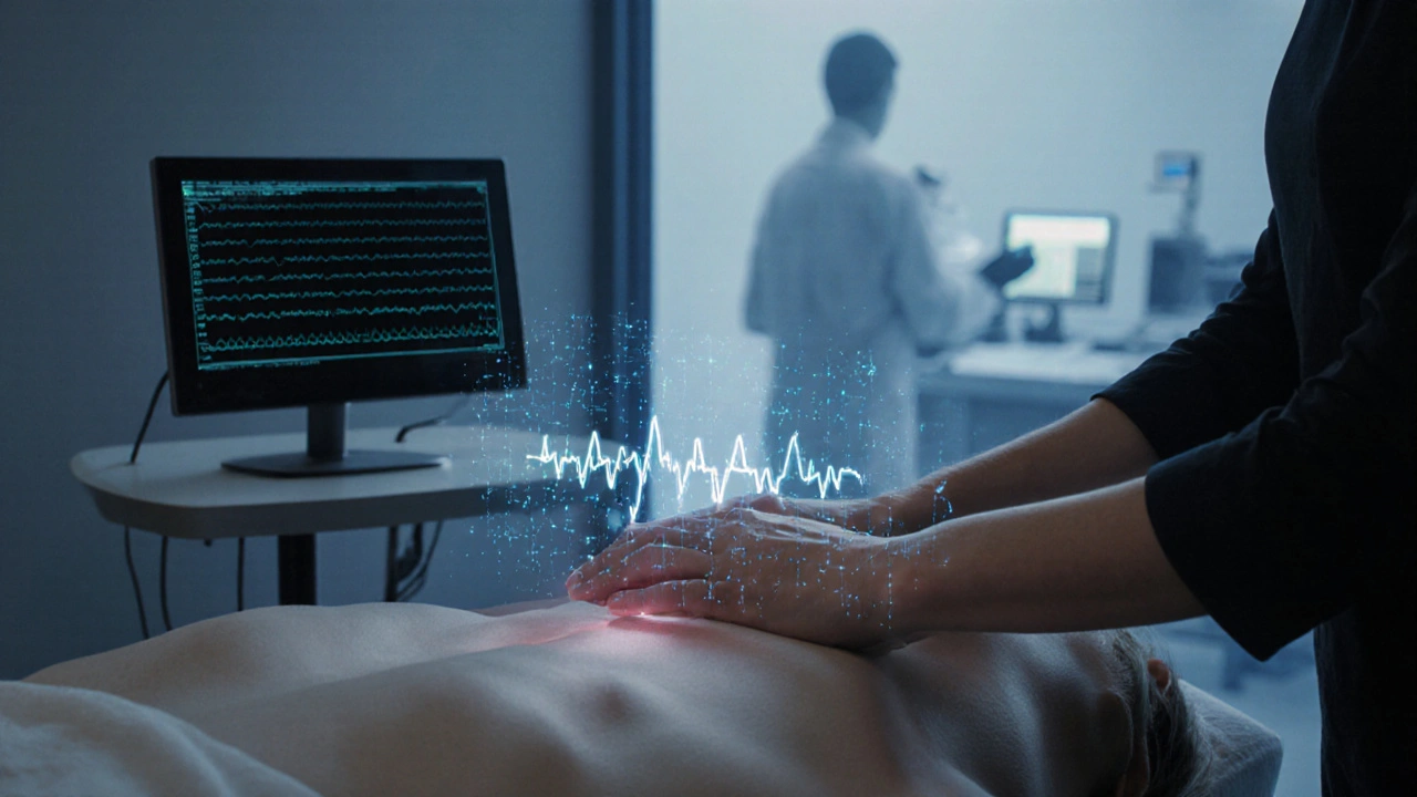 Masážní terapie doprovázená biofeedback monitorem, ukazujícím vlny srdeční variability.