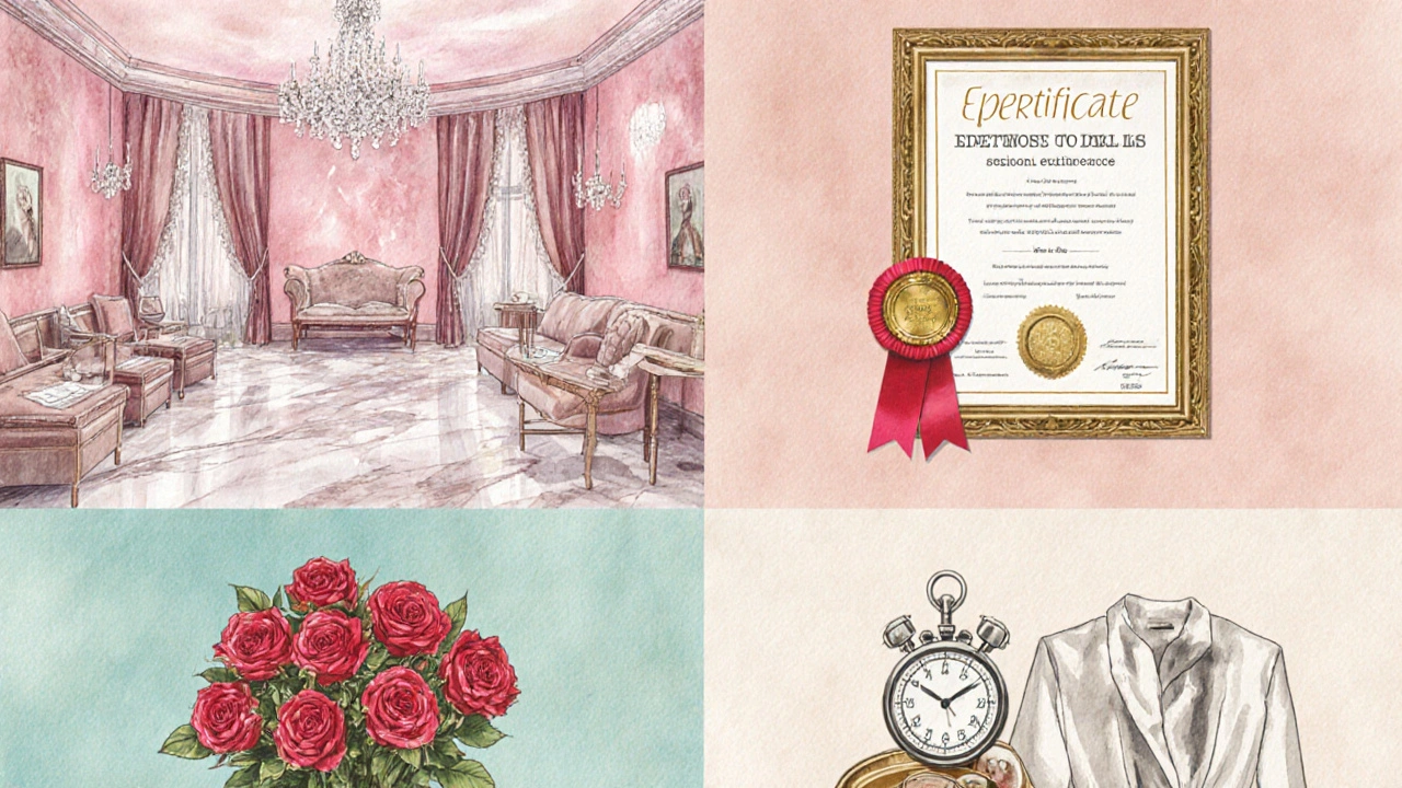 Rozdělený obraz ukazující elegantní salon, certifikát, květiny a stopky na mramorovém podkladu.