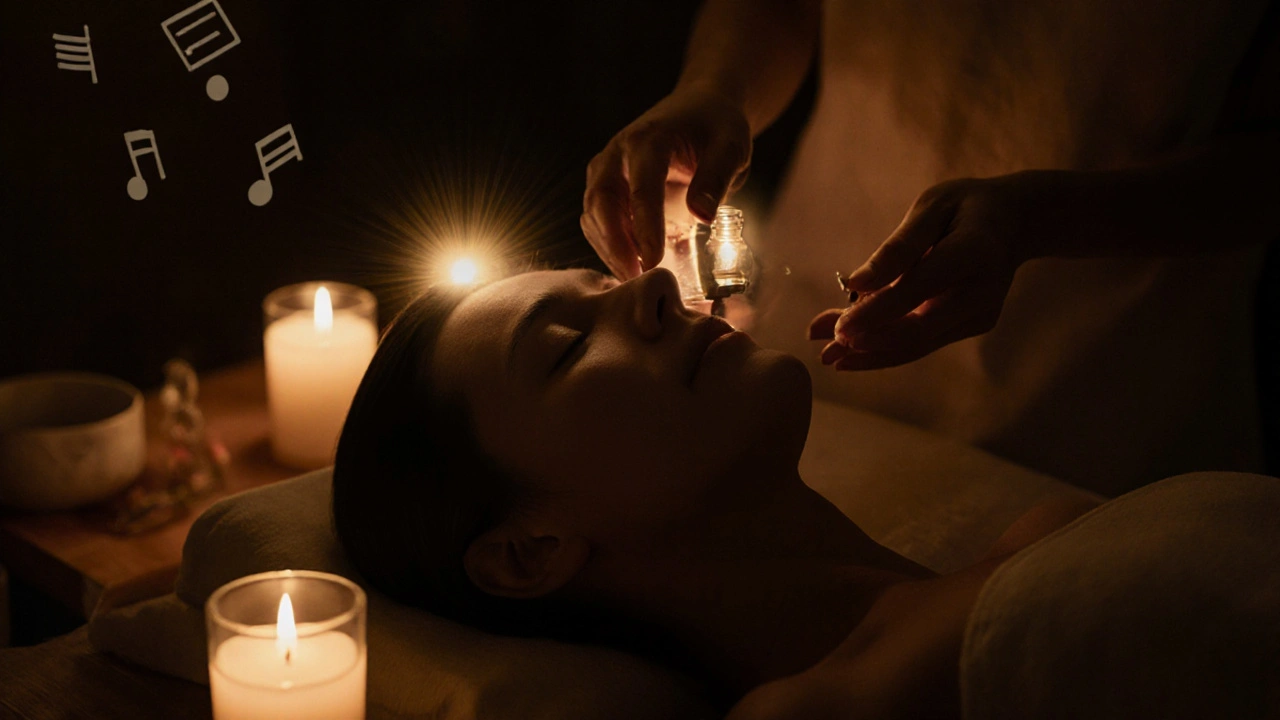 Uvolněný klient po masáži s aurou a svíčkami v pozadí.