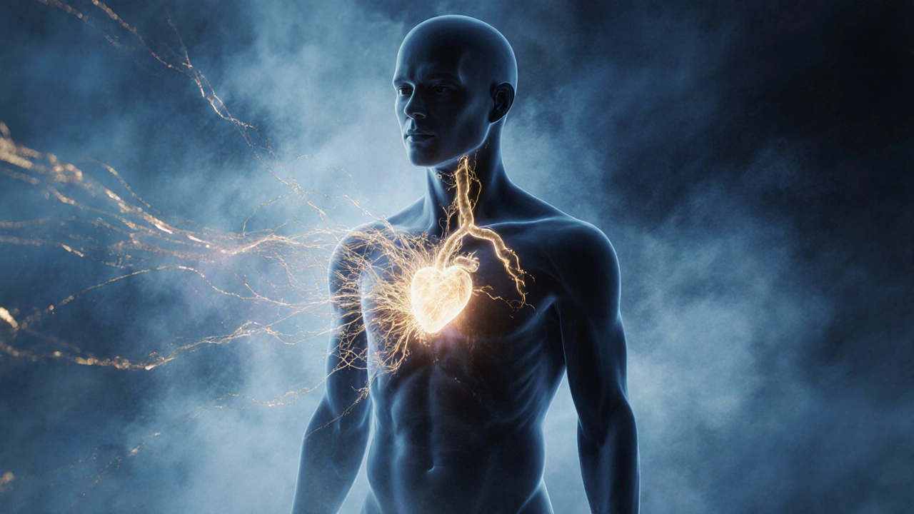 Abstraktní znázornění dýchání a hojení po operaci, světlo spojuje jizvu s dechem.