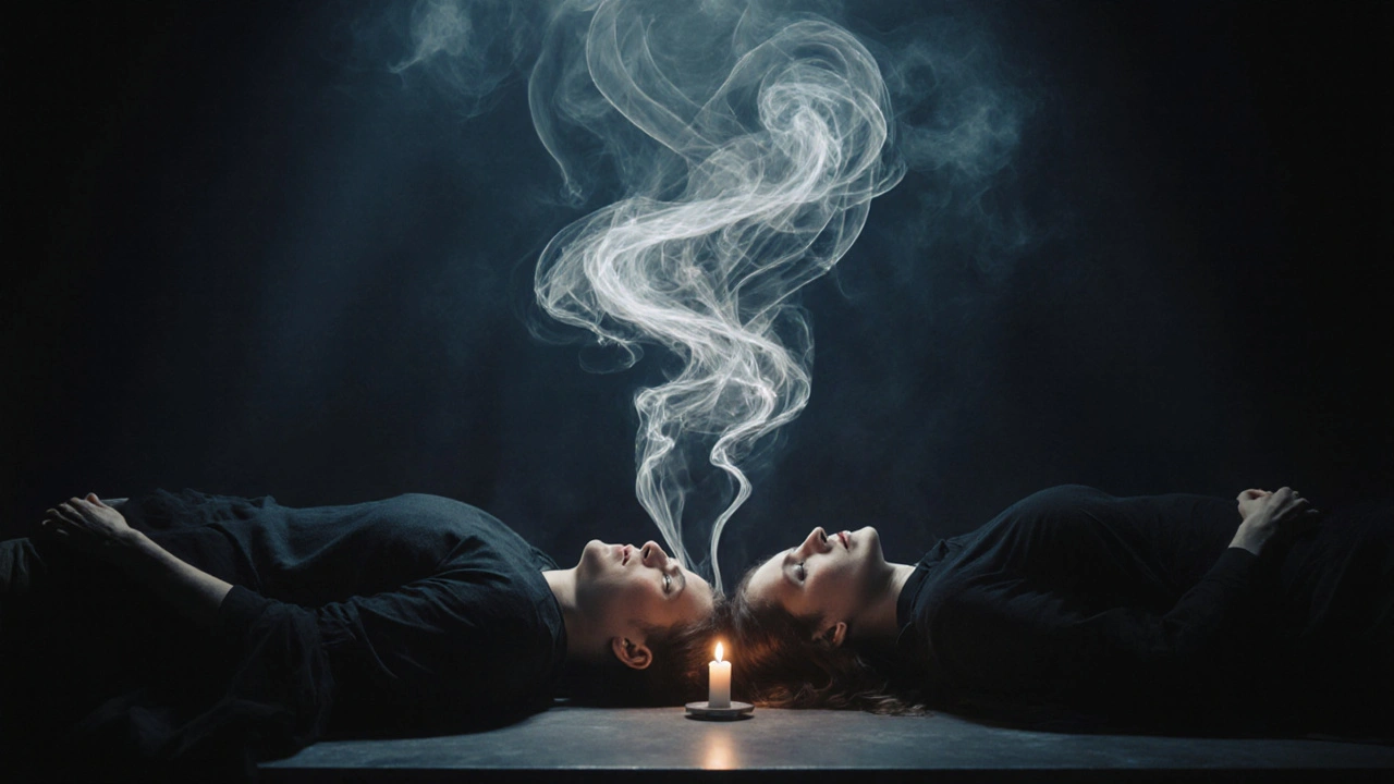 Dvojice leží vedle sebe, nedotýkají se, ale spojuje je světlo, které se zvedá mezi nimi.