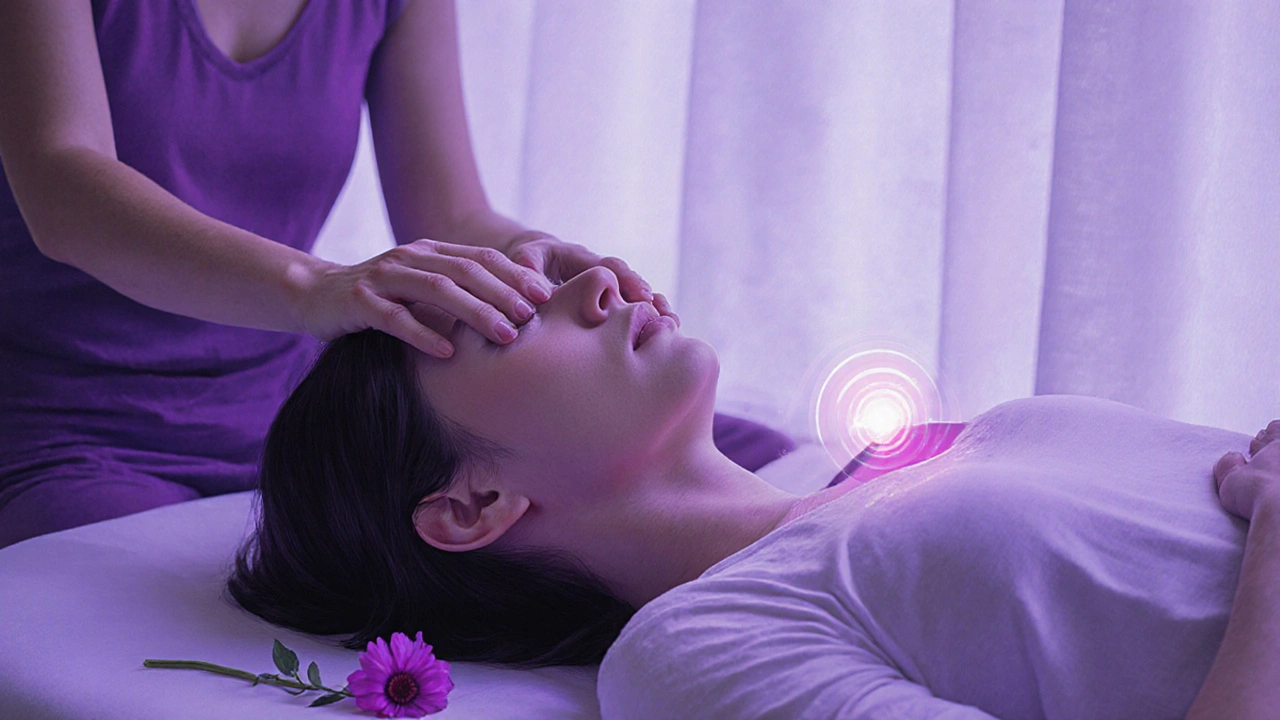 Klient leží s otevřenýma očima, slzy na tváři, masérka lehce dotýká hrudníku a čela.