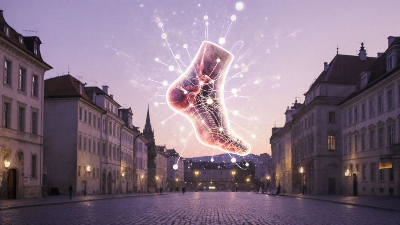 Kresba nohy s propojenými reflexními body a orgány v jemných vodových barvách.