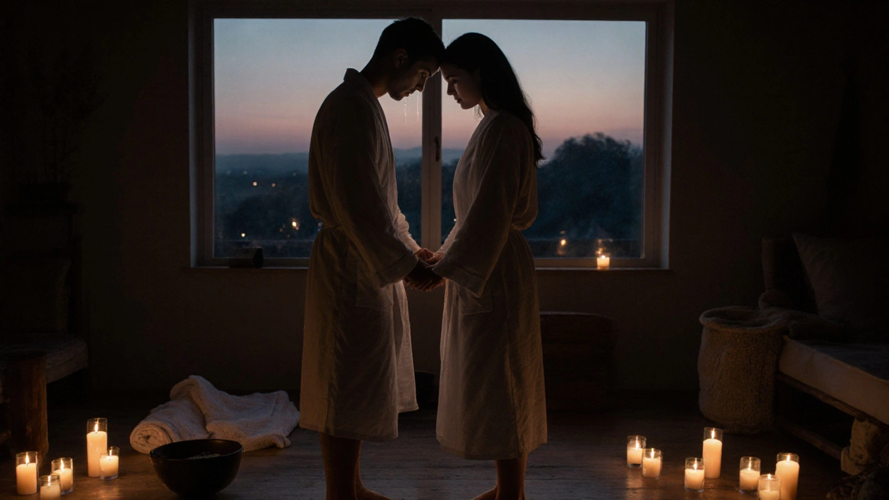 Pár se drží za ruce po masáži, slzy na tváři, oba obalení v plátně, svíčky svítí v pozadí.