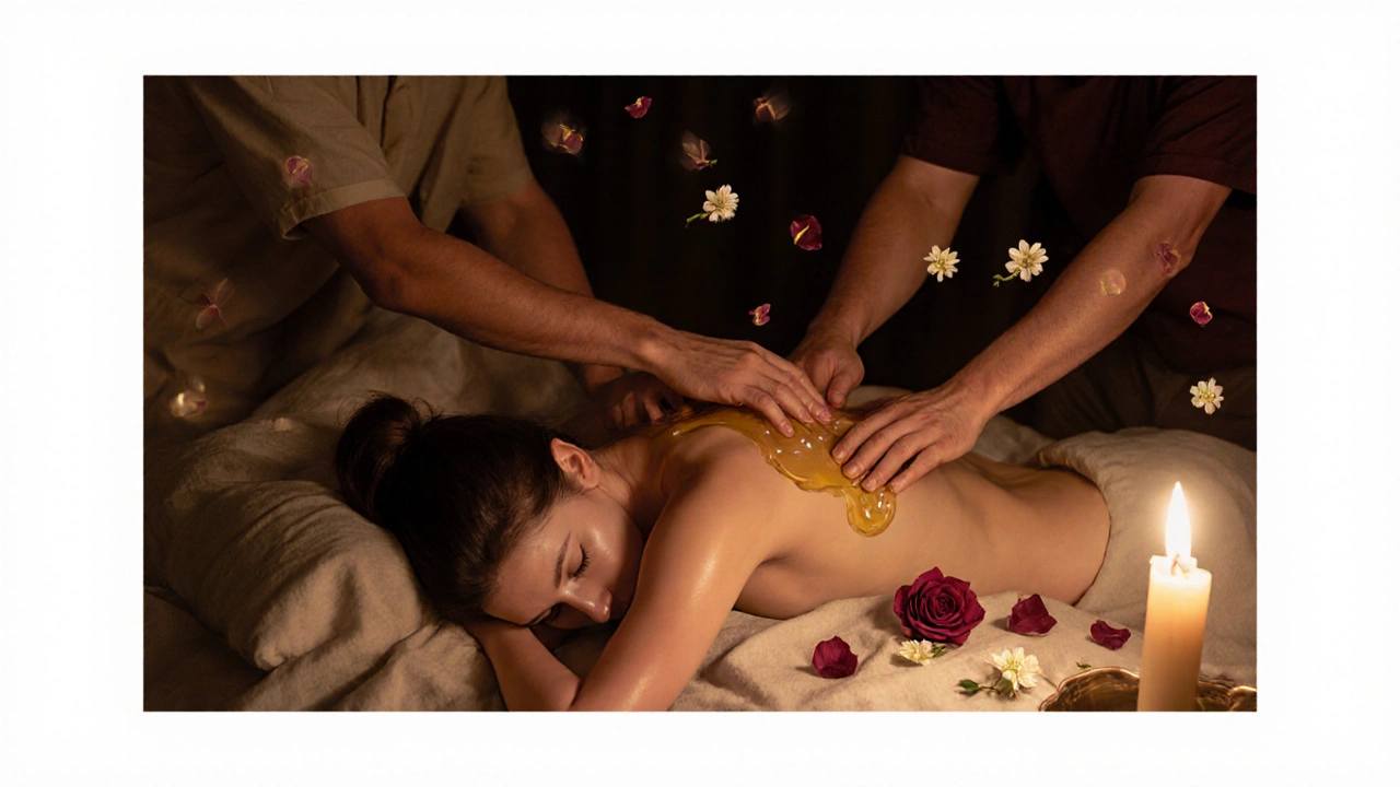 Pár se účastní pomalé tantrické masáže v tichém, osvětleném svíčkami prostředí.