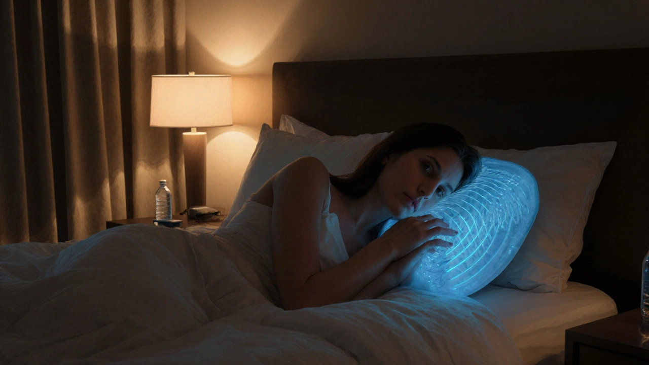 Pár v hotelovém pokoji používá vibrací masážní polštář na lůžku.