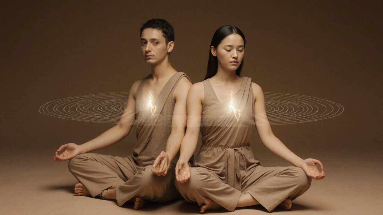 Pár ve společné tělesné pozici s dotykem kolena a předloktí, symbolizující harmonii a synchronizaci.