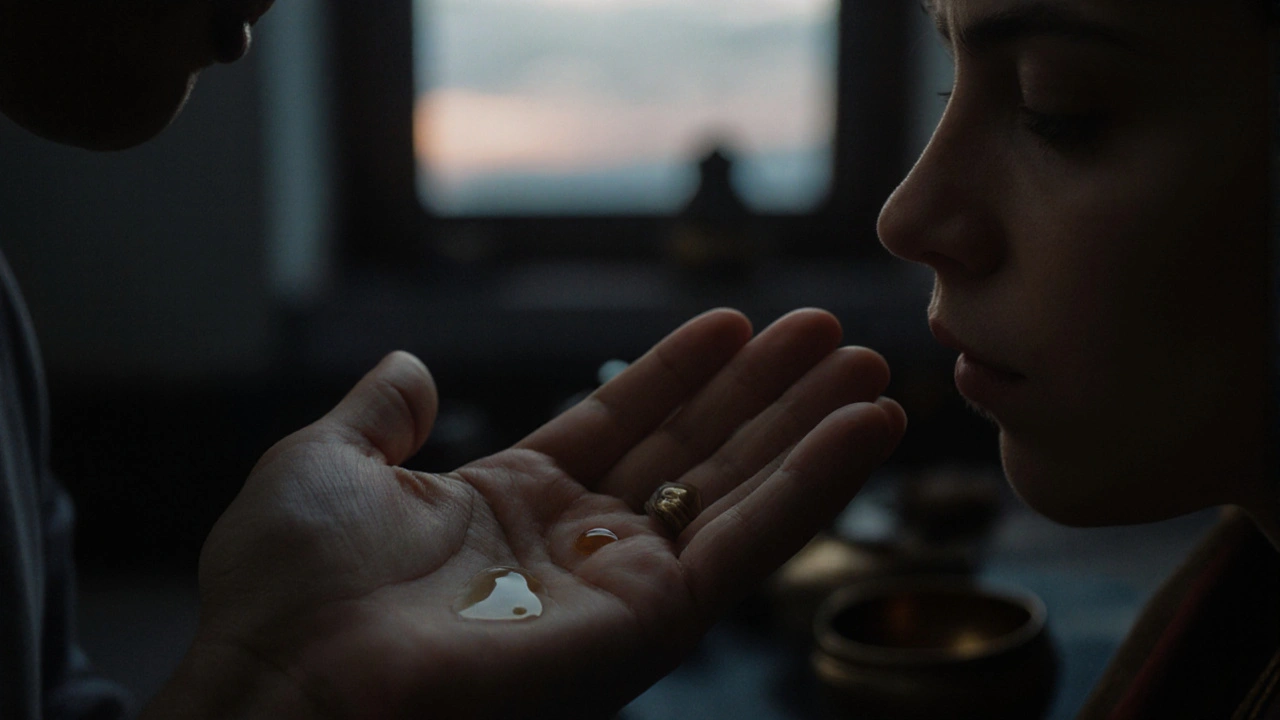 Ruce dvou lidí se dotýkají, jeden políbí druhému dlaň, v pozadí jemné světlo večera.