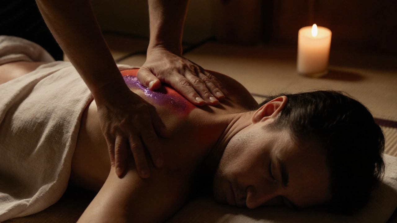 Ruce maséra pohybující se přes plátno na zádech klienta, olej leskne na tkanině.