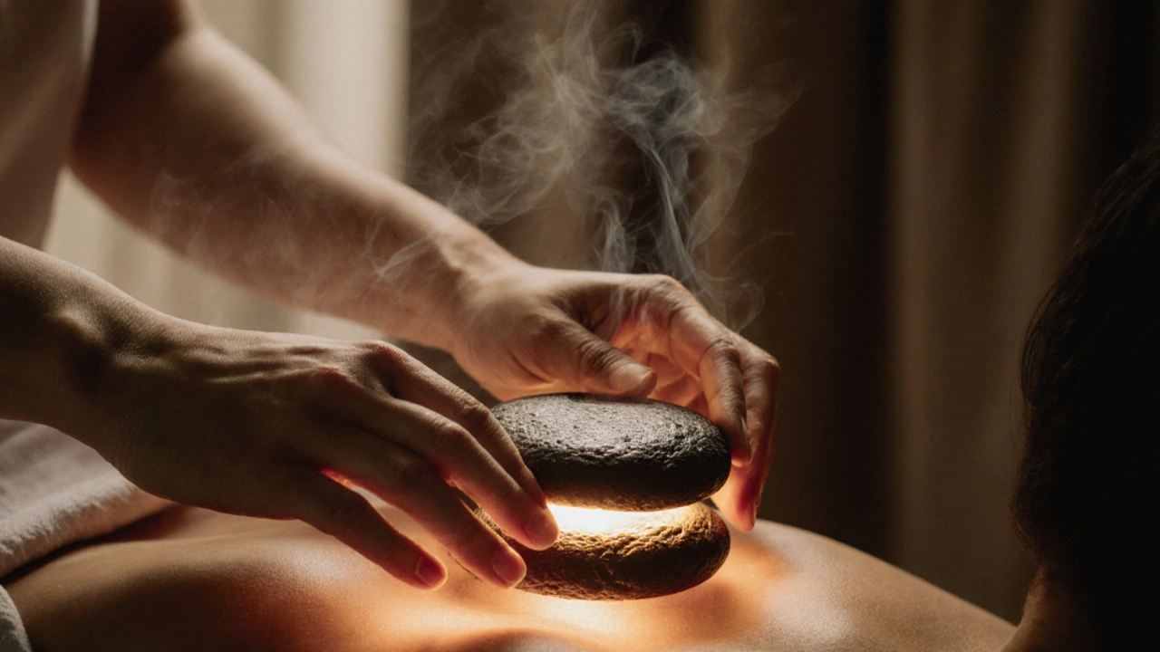 Ruce maséře pohybující teplým kamenem nad oblastí srdce ve vědomé, pomalé sezení.