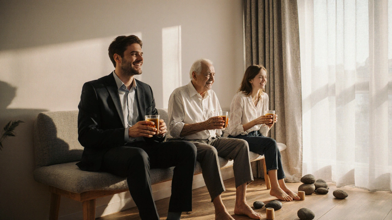 Různí lidé se uvolněně usmívají po seanci footjob masáže v klidném prostředí.