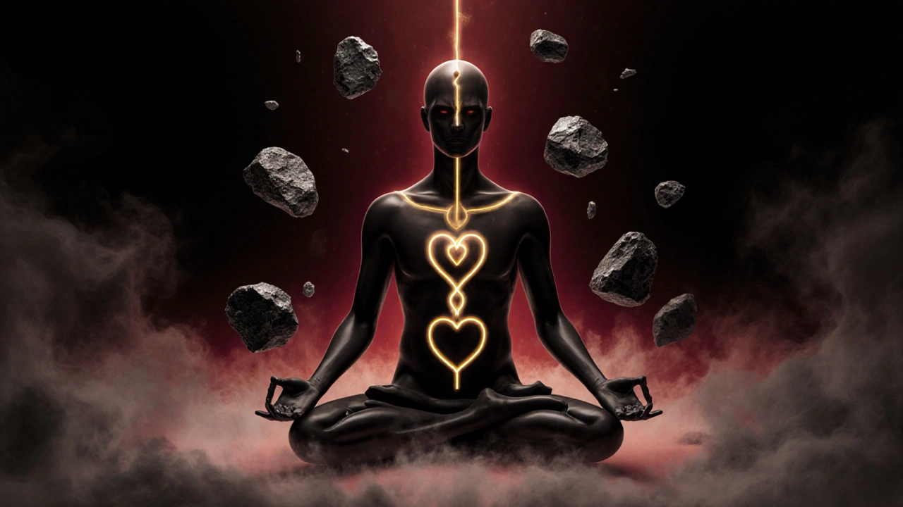Symbolický obraz lidské postavy s osvětlenými energetickými centry a visícími lávovými kameny.
