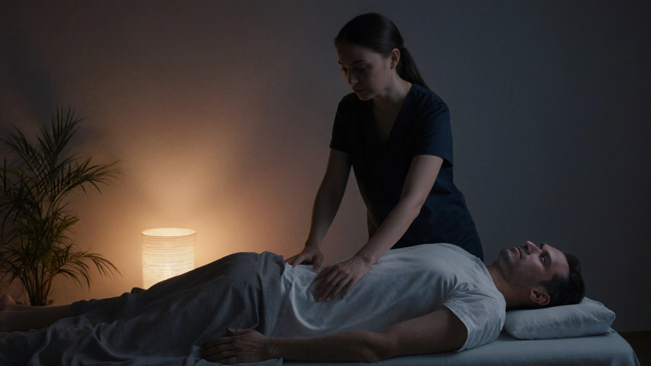 Terapeut sedí vedle pacienta, jemně podporuje dýchání bez fyzického kontaktu.