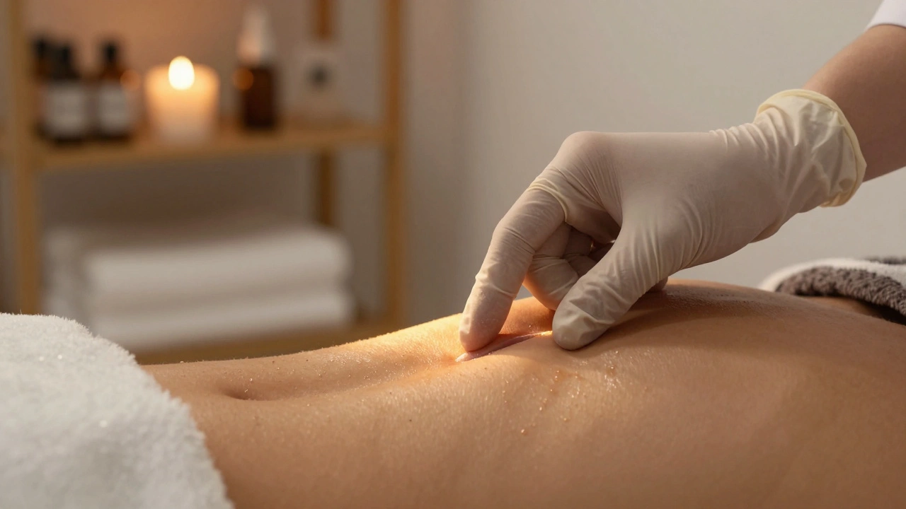 Certifikovaná terapeutka s rukavicí jemně mapuje vstup do pošvy při teplém osvětlení.