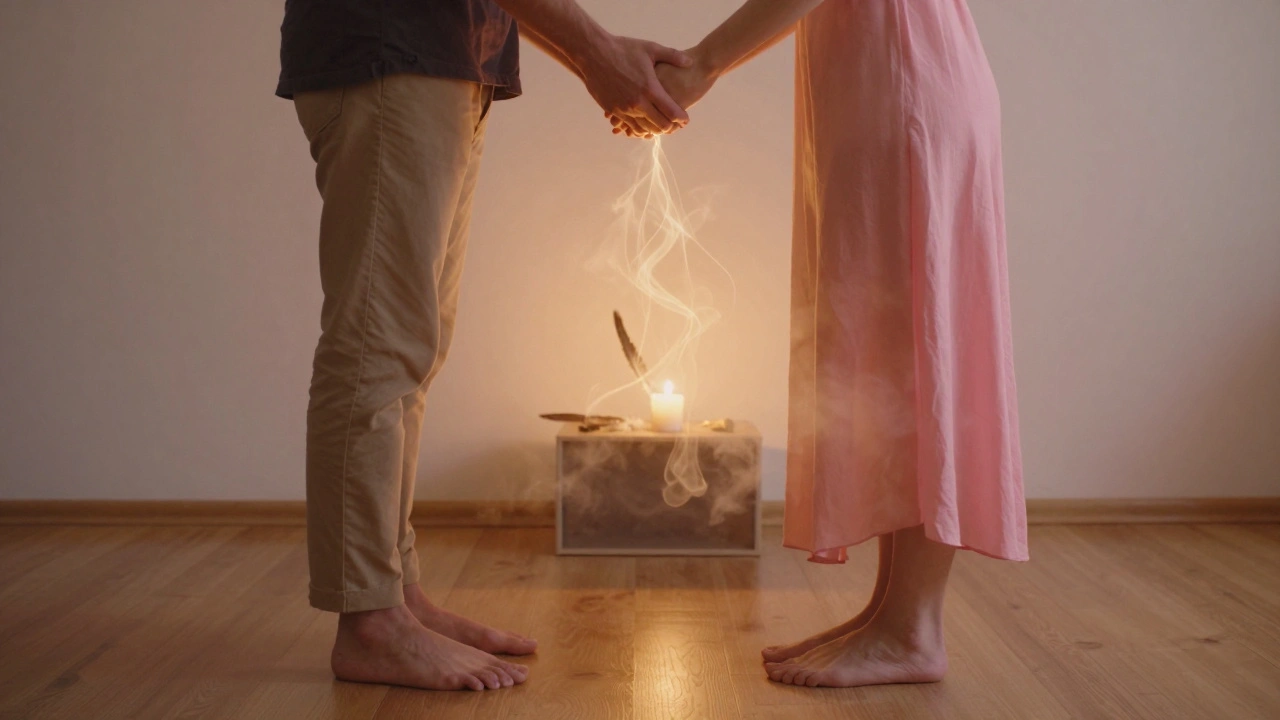 Dvě osoby stojí v tichosti, dýchají současně, jejich dechy se spojují ve světlých proudech.