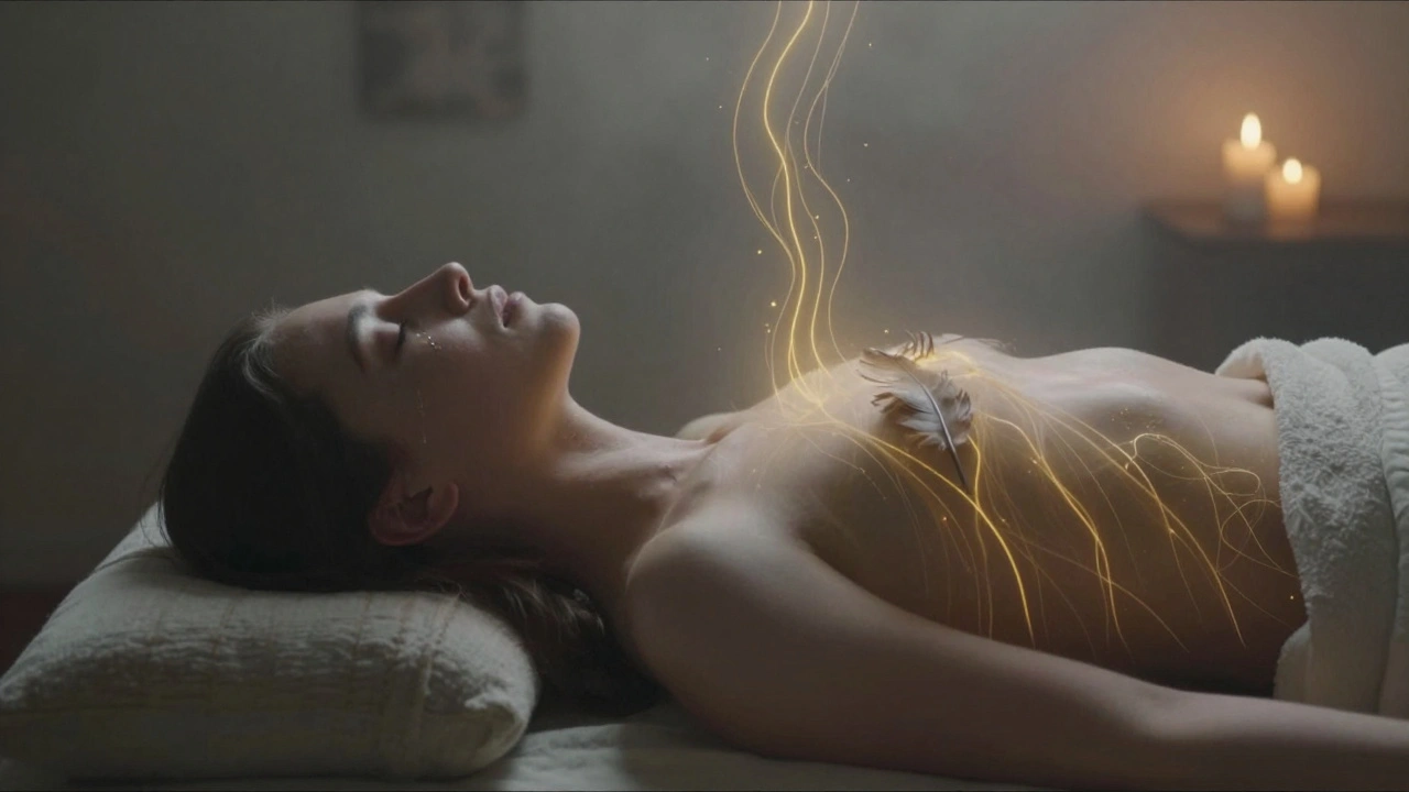Osoba po tantrické masáži leží klidně, z těla jí proudí zlatá energie k hlavě, na hrudi leží peří.
