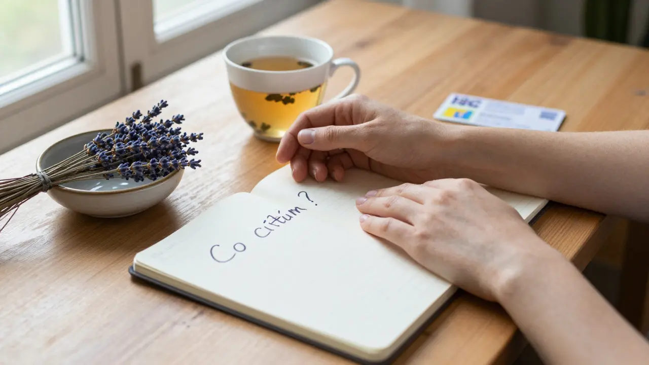 Ruce studenta na stole s poznámkami, lavendulí a čajem — symbol klidu po masáži.