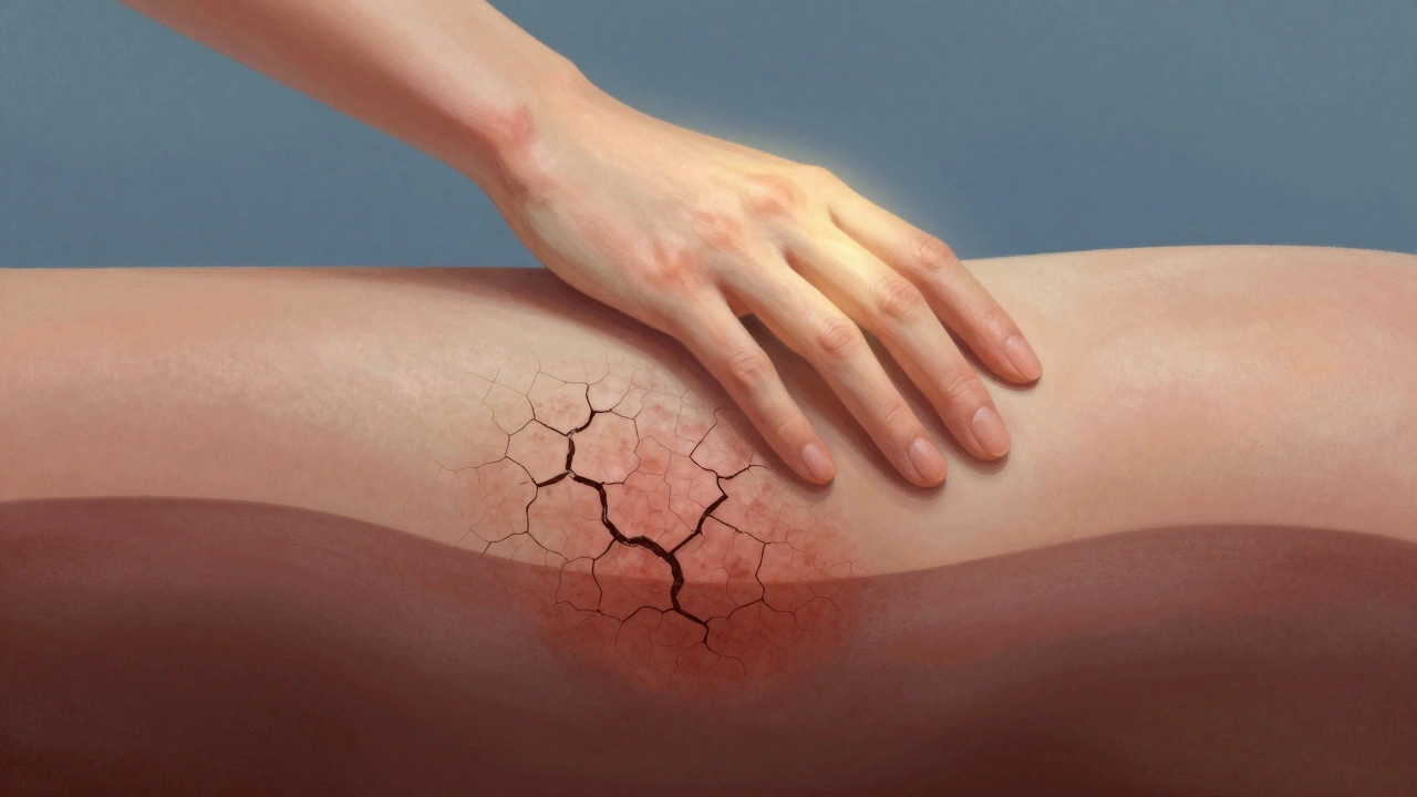 Symbolická reprezentace tří typů kožních stavů s rukou, která obejde nebezpečné oblasti.