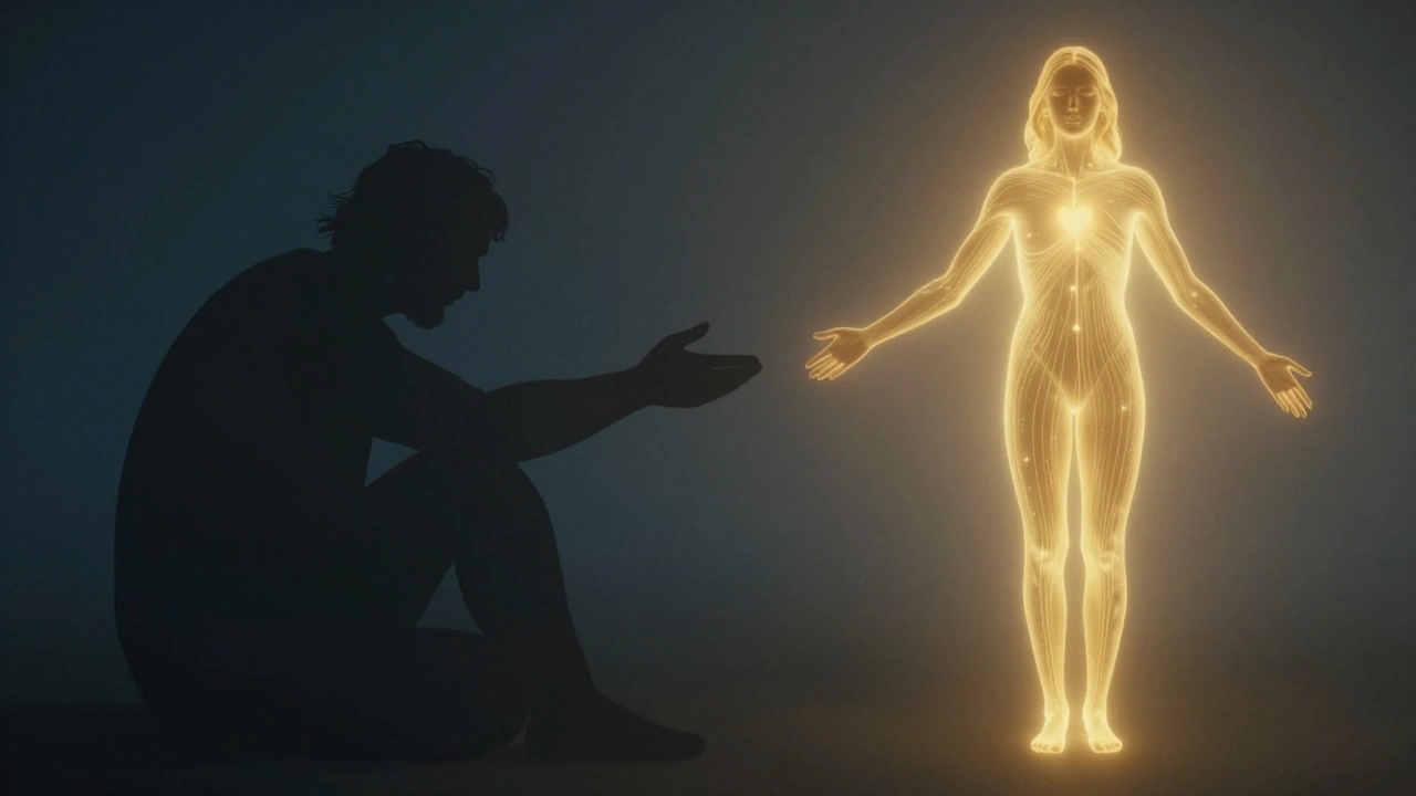 Symbolický obraz přijetí těla: stínová postava přechází do zářivé, osvobozené podoby.