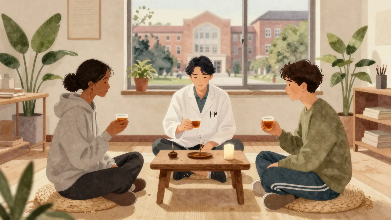 Tři studenti sedí v kruhu s čajem, klidně spolu, bez doteku, v klidném prostředí.