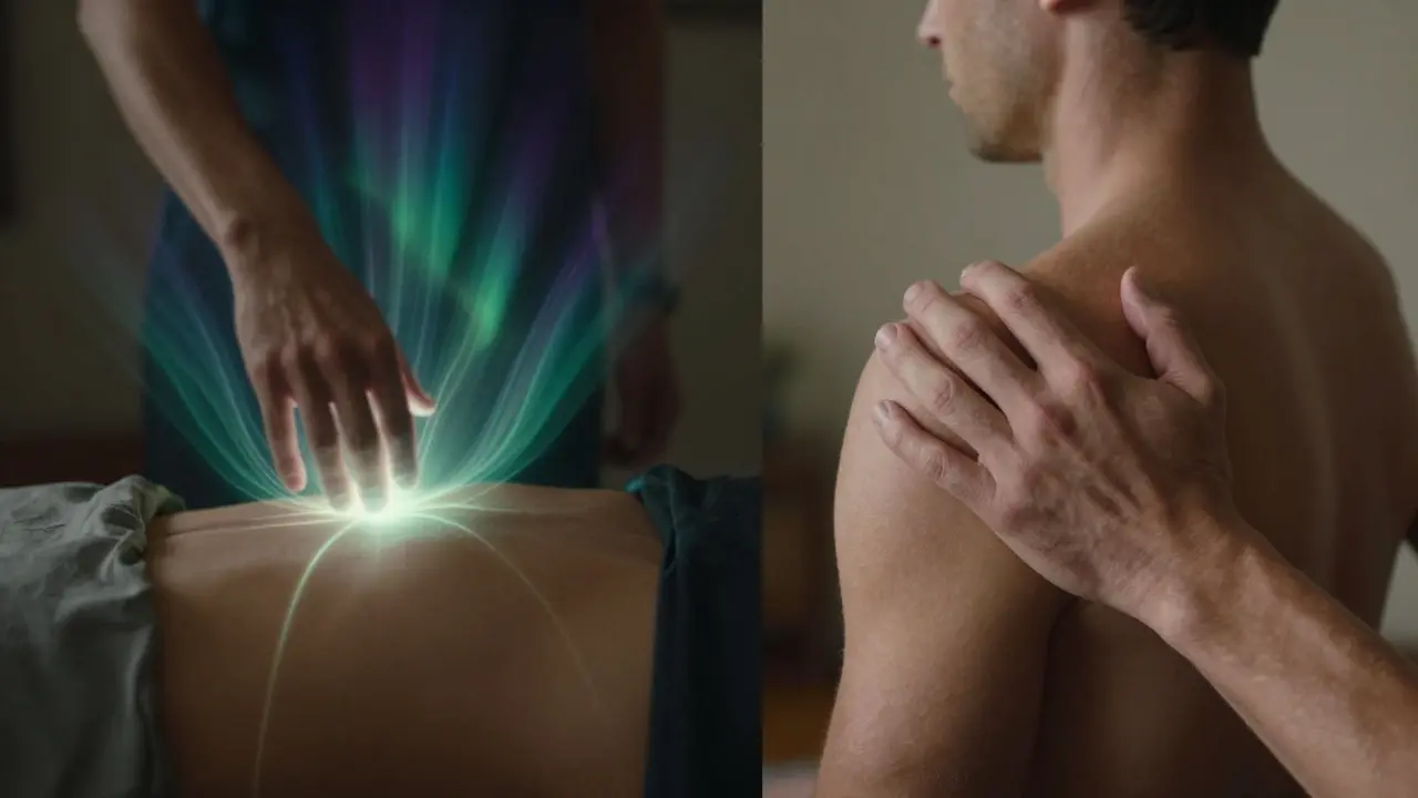 Dvě scény: jedna ukazuje energii proudící po těle, druhá ukazuje tlak na uvolnění svalů — obě symbolizují různé přístupy masáže.