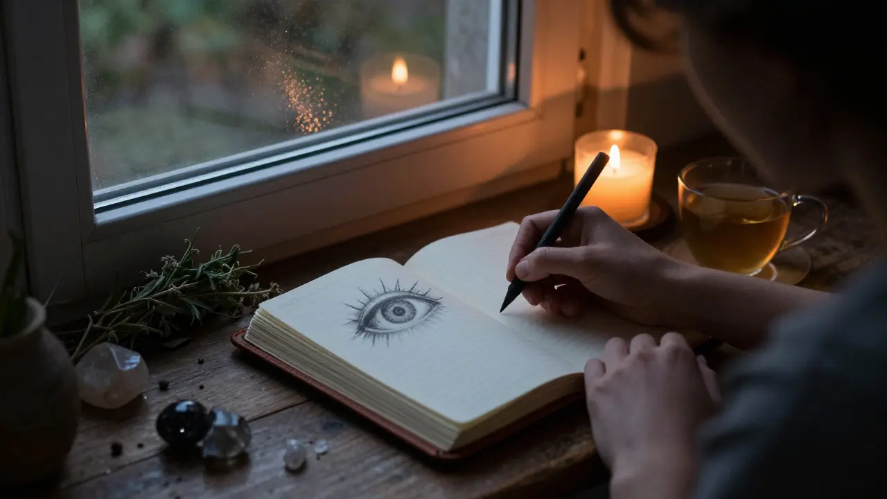 Osoba zapisuje sen při světle svíčky, zatímco slunce vychází za oknem.