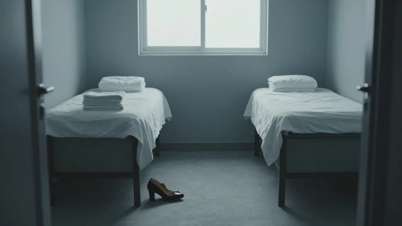 Prázdná místnost s dvěma masážními stoly, jeden použitý, druhý nevyužitý, symbolizující vzdálenost ve vztahu.