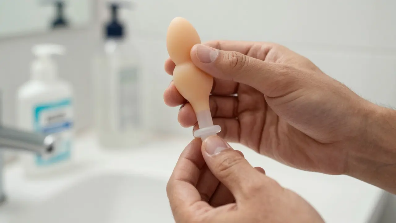 Ruka pomalu a opatrně vkládá anální kolík s vodním lubrikantem.