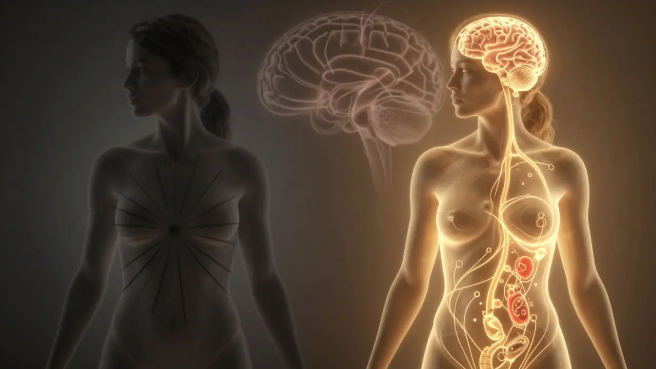 Symbolická ilustrace hormonů štěstí: oxytocin a endorfiny proudí z břicha do mozku, nahrazují stresové signály.