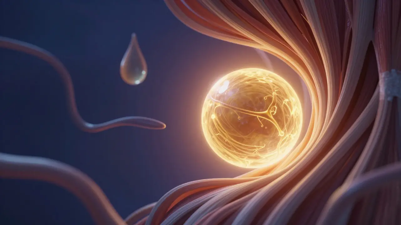 Symbolická reprezentace prostaty jako zářící koule v tělesných tkáních.