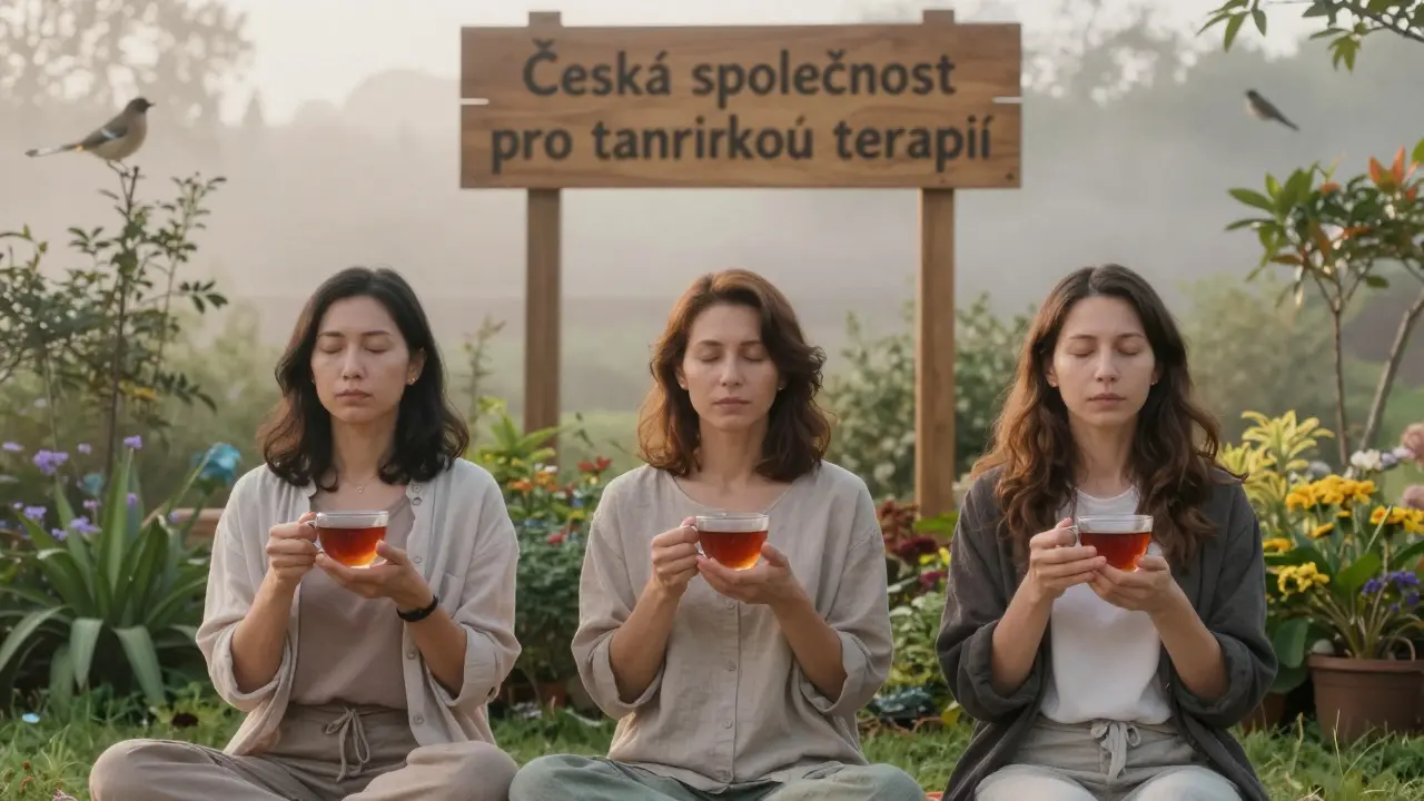 Tři ženy v klidném zahradním prostředí v ranním světle, dýchají a užívají si klid po tantrické terapii.