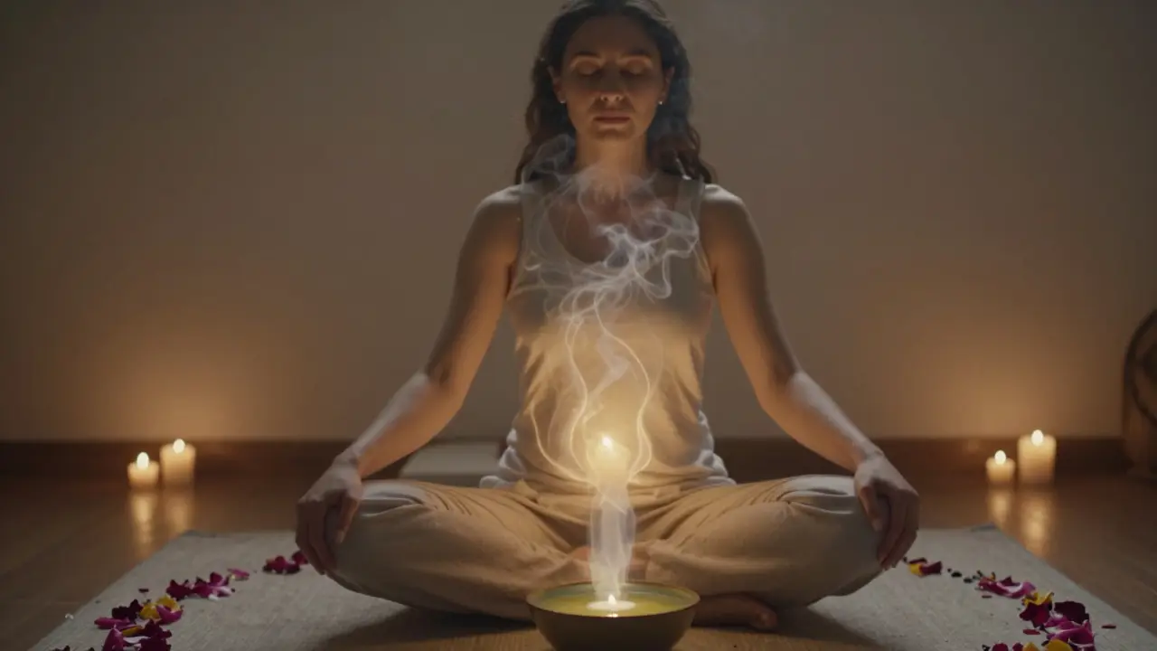 Žena sedí v klidu, oči zavřené, z jejího břicha se šíří jemné zářivé energie v tichém prostředí.