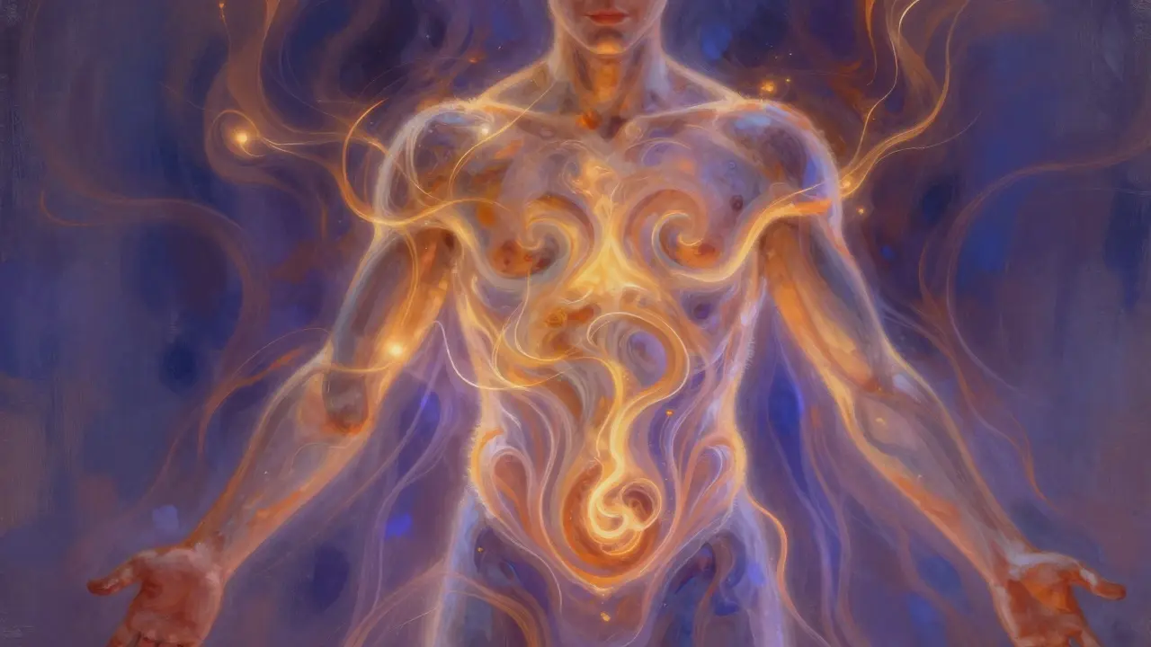 Abstraktní obraz uvolňující se energie z pánve a hrudníku muže, znázorněný teplými a studenými barvami.