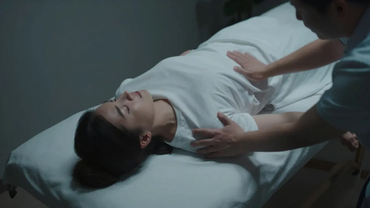 Klient klesá z masážního stolu, terapeut ho zachycuje.