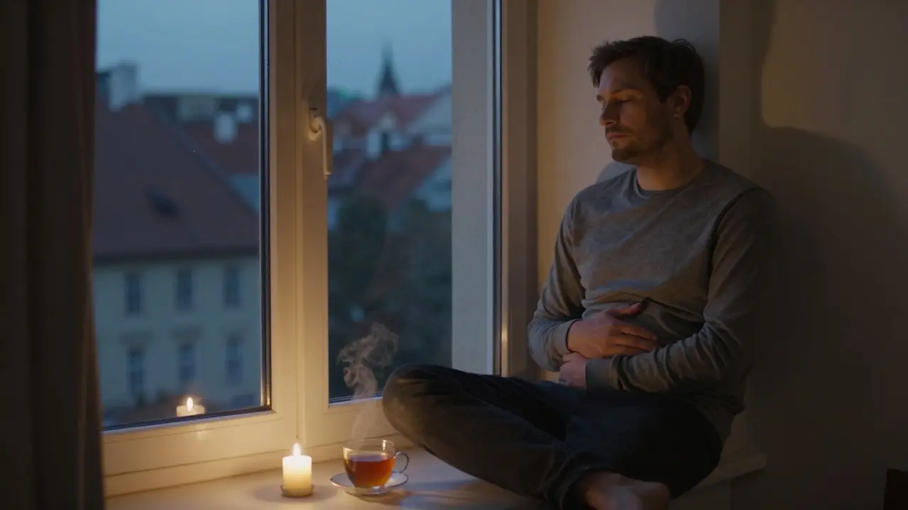 Muž sedí u okna ve večerní tichosti, ruka na břiše, klidně přemýšlí po masáži.