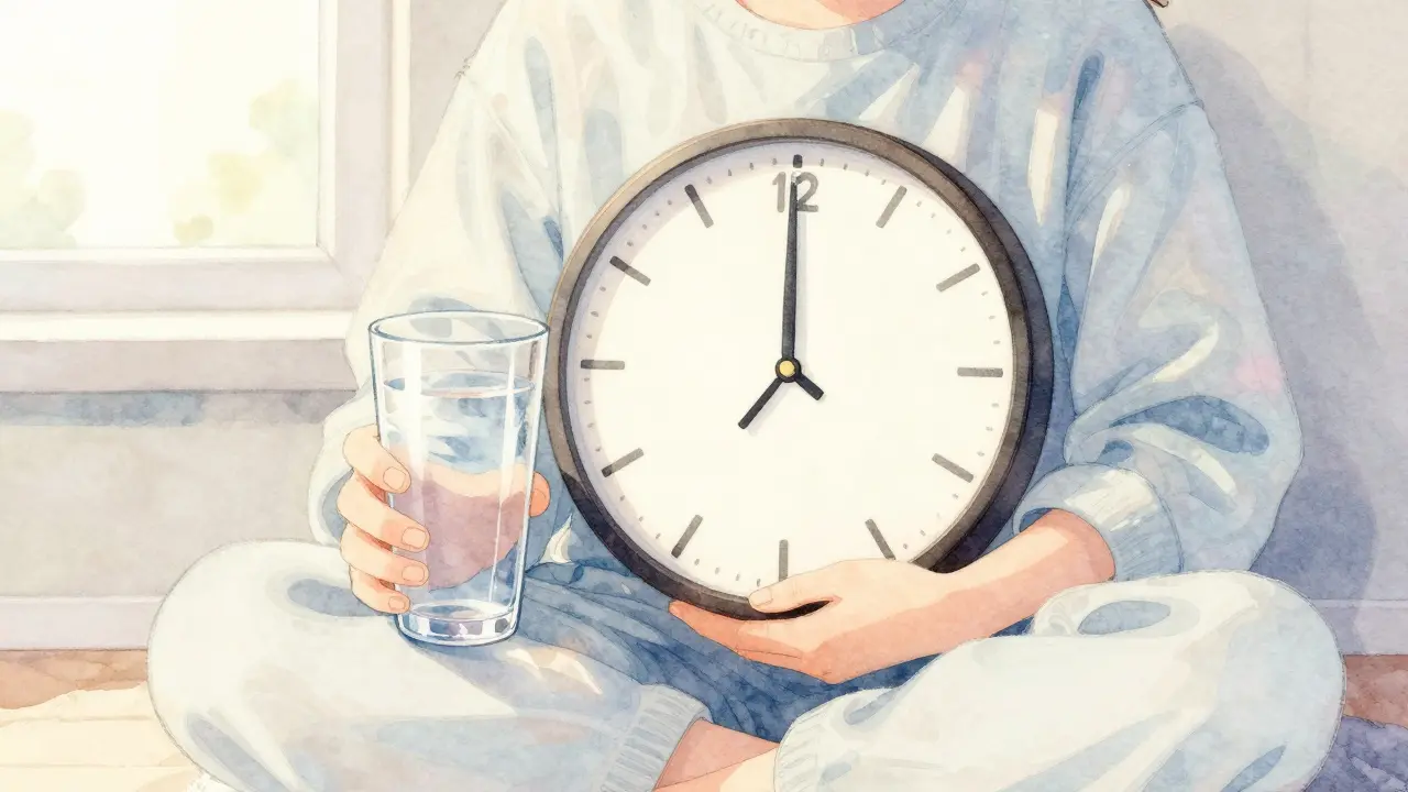 Osoba pije vodu před masáží s hodinami bez čísel.