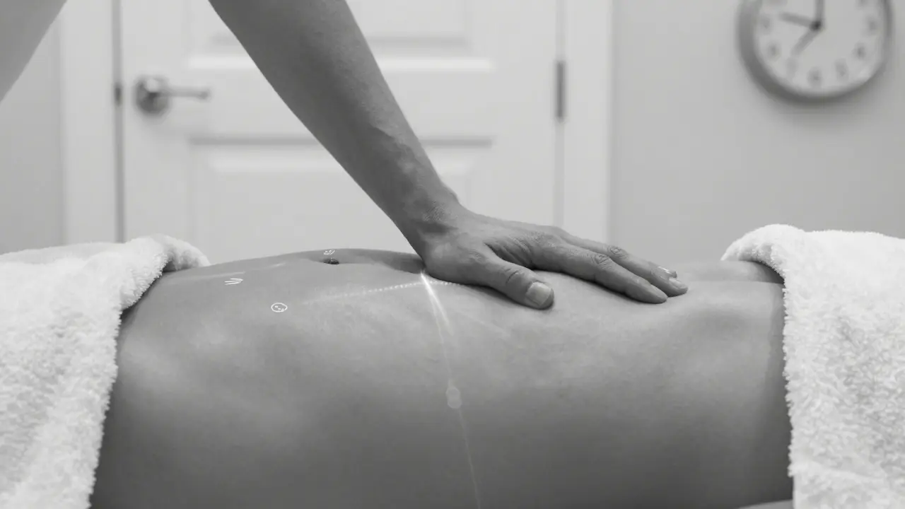 Ruka terapeuta na břiše klienta s vizualizací energetického pohybu, symbolizující bezpečnou a vědomou masáž.