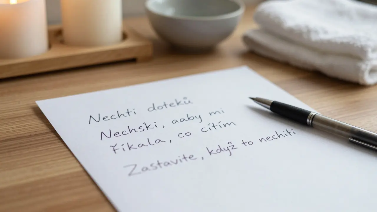 Rukou psaný anonymní formulář s hranicemi: 'Nechci doteků', 'Nechci, aby mi říkala, co cítím'.