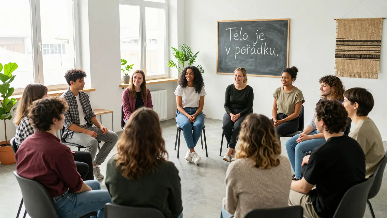 Různorodá skupina lidí sedí v kruhu, v klidu a spojení, po tantrické relaci.