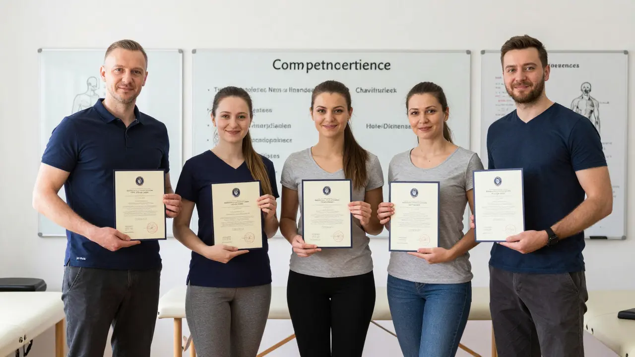 Tři profesionálové drží oficiální certifikáty sportovní masáže v učebně.