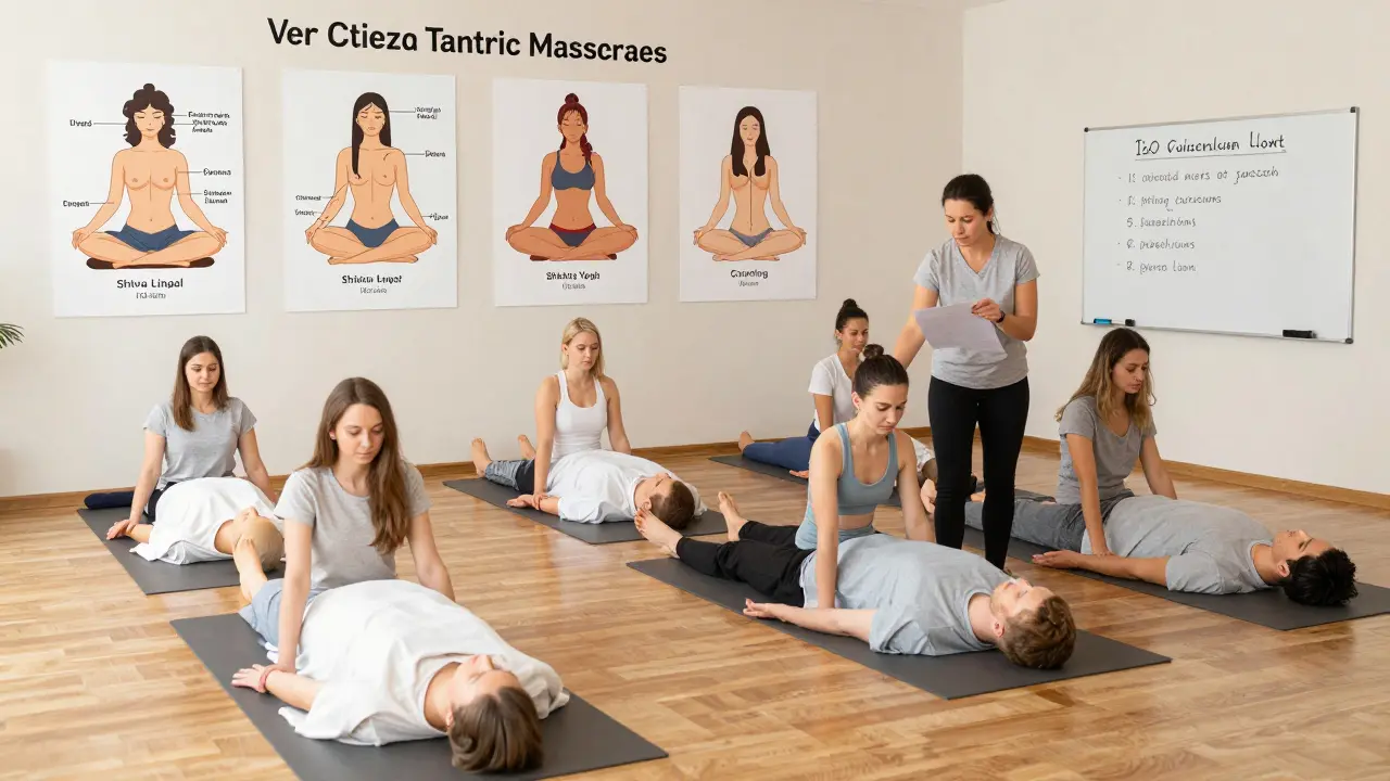 Třída akreditované školy tantrické masáže v Česku s studenty cvičícími techniky pod dohledem instruktora.