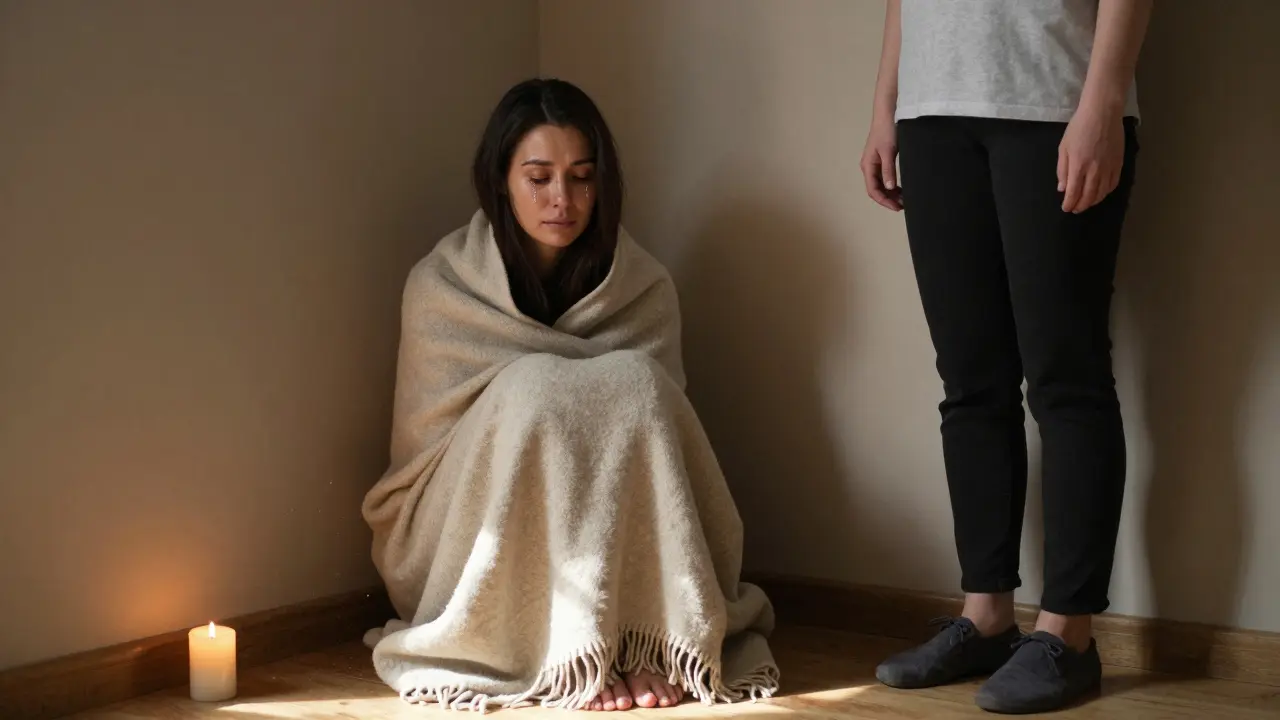 Žena sedí v koutě, obalená do plátna, slzy na tváři, terapeutka stojí daleko, respektuje prostor a ticho.