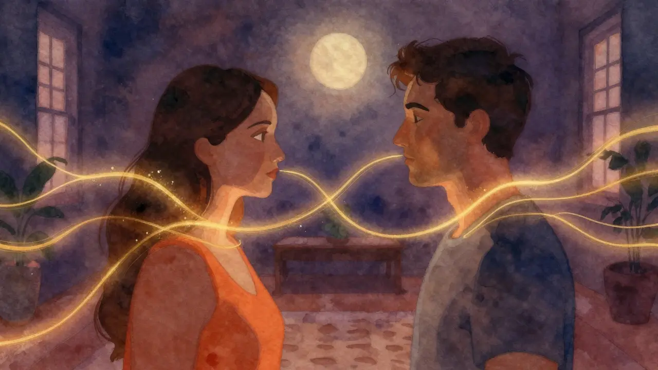 Dva siluety propojené zlatou energií symbolizují duchovní spojení