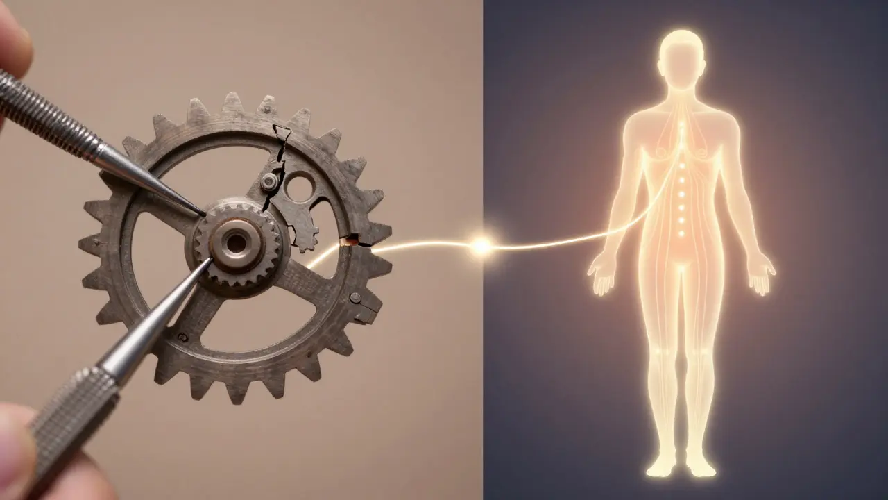 Konceptuální obrázek srovnávající mechanickou opravu těla a energetické probuzení.