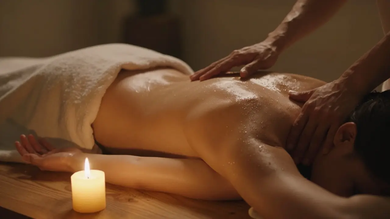Osoba leží v klidu při tantrické masáži, osvětlená teplým světlem a olejem na kůži.
