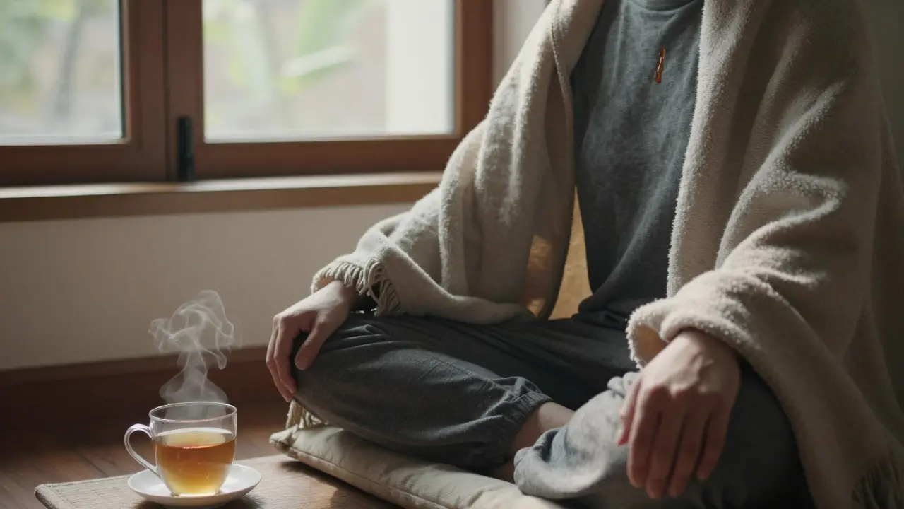 Osoba sedí v klidu po masáži, sluneční světlo padá do místnosti, jedna slza na tváři.