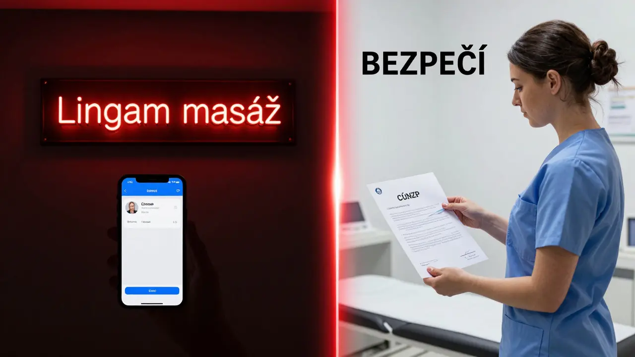 Rozdělená scéna: nelegální nabídka v temnotě vs. legální terapie v jasné místnosti s smlouvou a certifikátem.