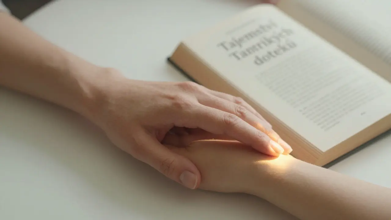 Ruce se dotýkají jemně, s jemným zářivým světlem, symbolizující vědomý dotek a vnitřní spojení.